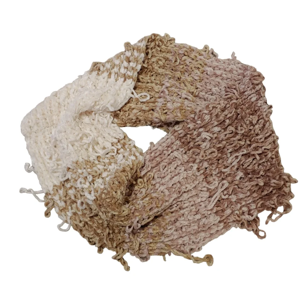 Handknit Cream, Tan, Mauve Shaggy Infinity Scarf